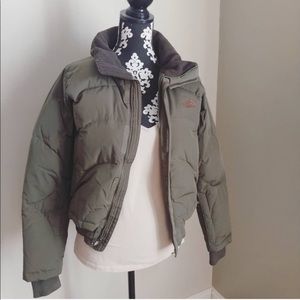 Olive green North Face puffer jacket
